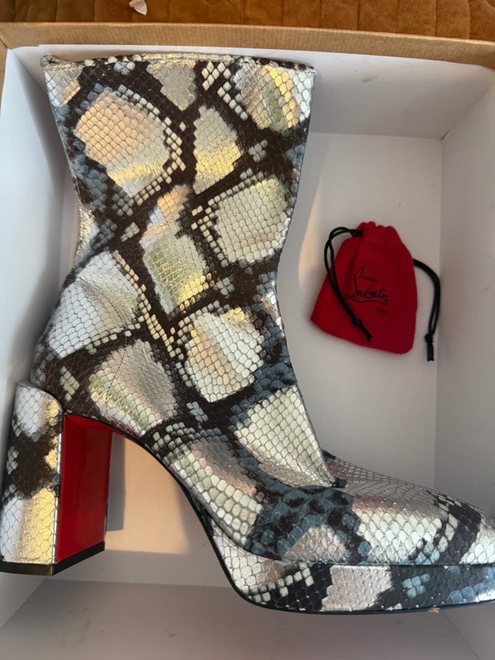 Christian Louboutin Silver and Black Snakeskin Block Heel Ankle Boots